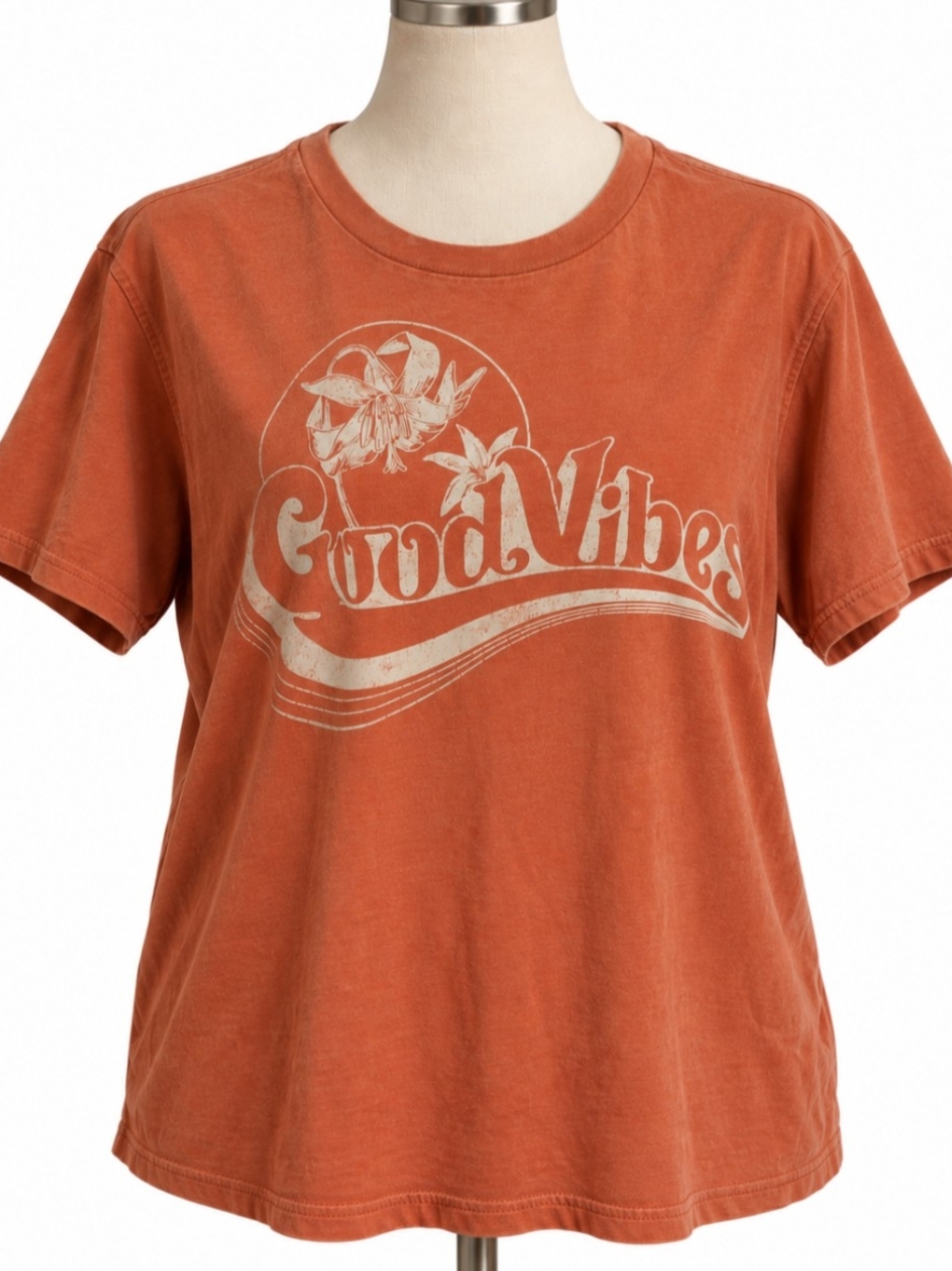 FarWest Women’s XL Good Vibes Graphic T-Shirt Burnt Orange Retro Tee